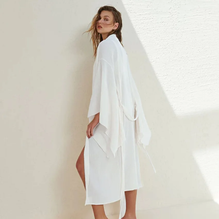 Sleepwear Robes For Women White Irregular Light Robes For Coverage Mid-Calf Home Clothing Full Sleeve Bathrobe Female Dresses