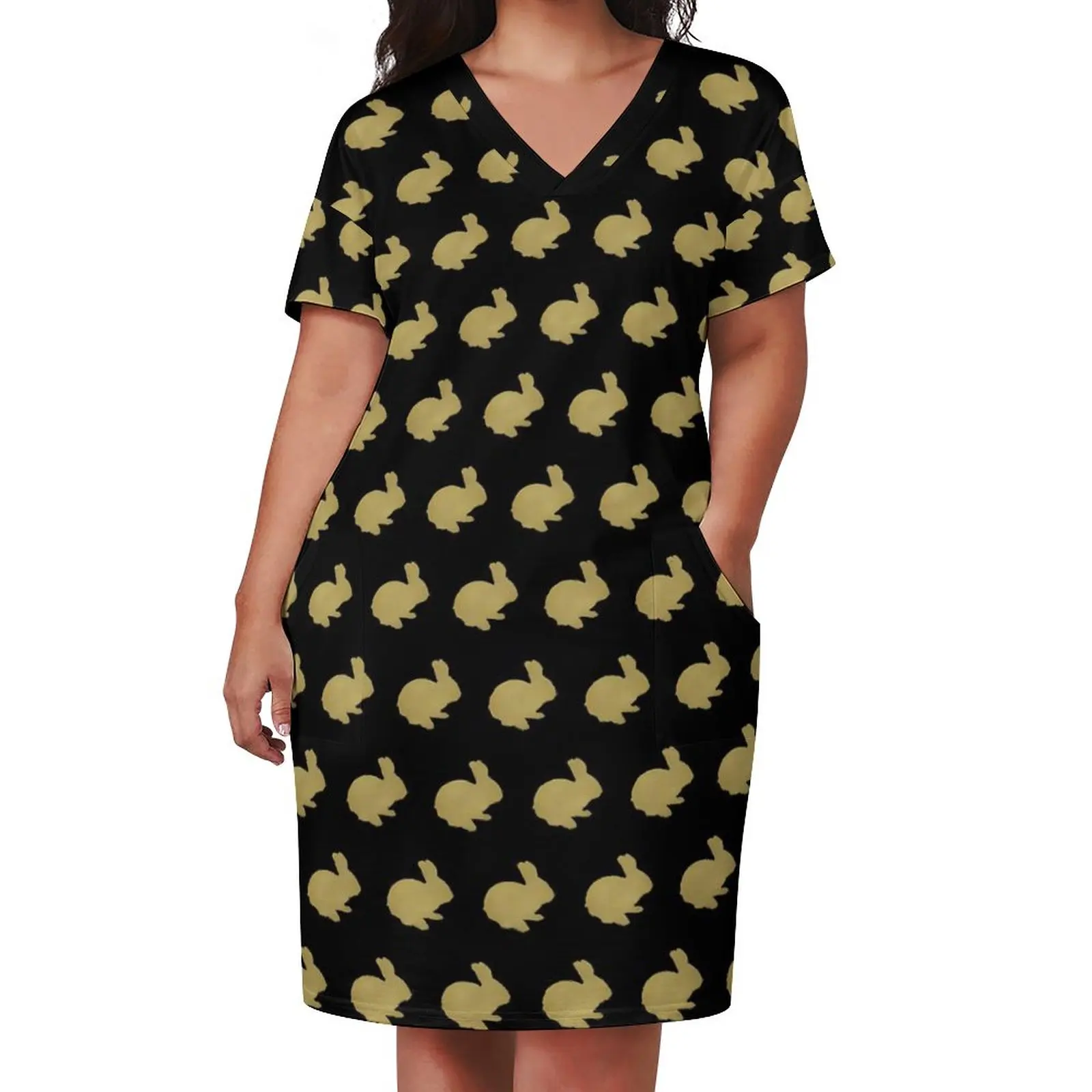 

Silhouette Rabbit Dress Ladies Cute Animal Korean Fashion Casual Dress Holiday V Neck Elegant Oversize Dresses Birthday Gift