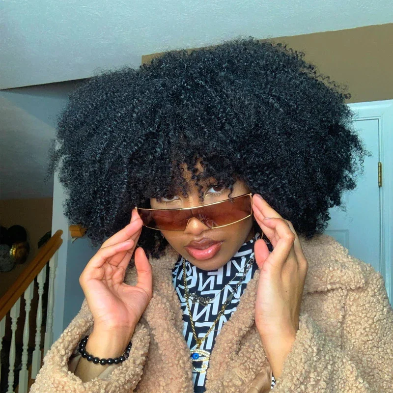 Afro Kinky Curly Wig Human Hair Wigs With Bangs 200 220 Density Remy Brazilian Full Machine Top Wig For Women Gorgius