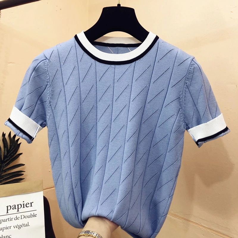

2021 summer new arrival short sleeve o-neck patchwork sweater women fresh cute loose knitted pullover Modis tops