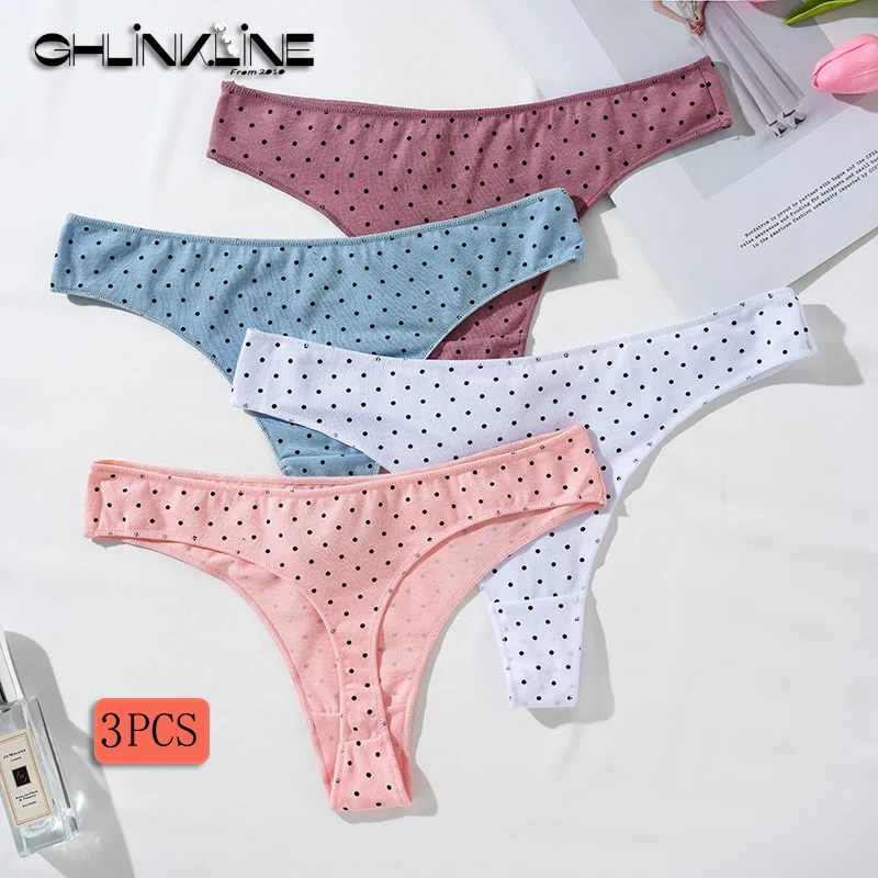 

Ladies Cotton Underwear 3PCS M-XL New Arrival Cotton T-back Panties For Women Thongs Low Waist Sexy Polka Dots Lingerie
