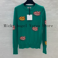 2022 new fashion foreign style contrast color lip print womens knitted sweater temperament round neck pullover sweater top