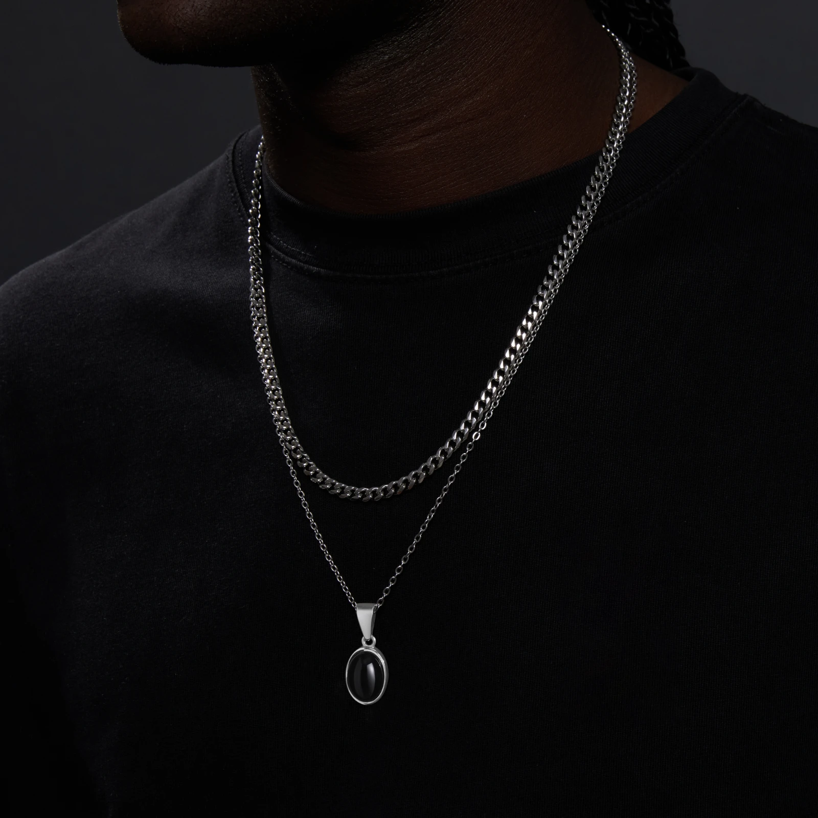 

Vnox Stacked Necklaces for Men, Never Fade Stainless Steel Cuban Box Chain Collar, Geometric Oval Pendant Necklace