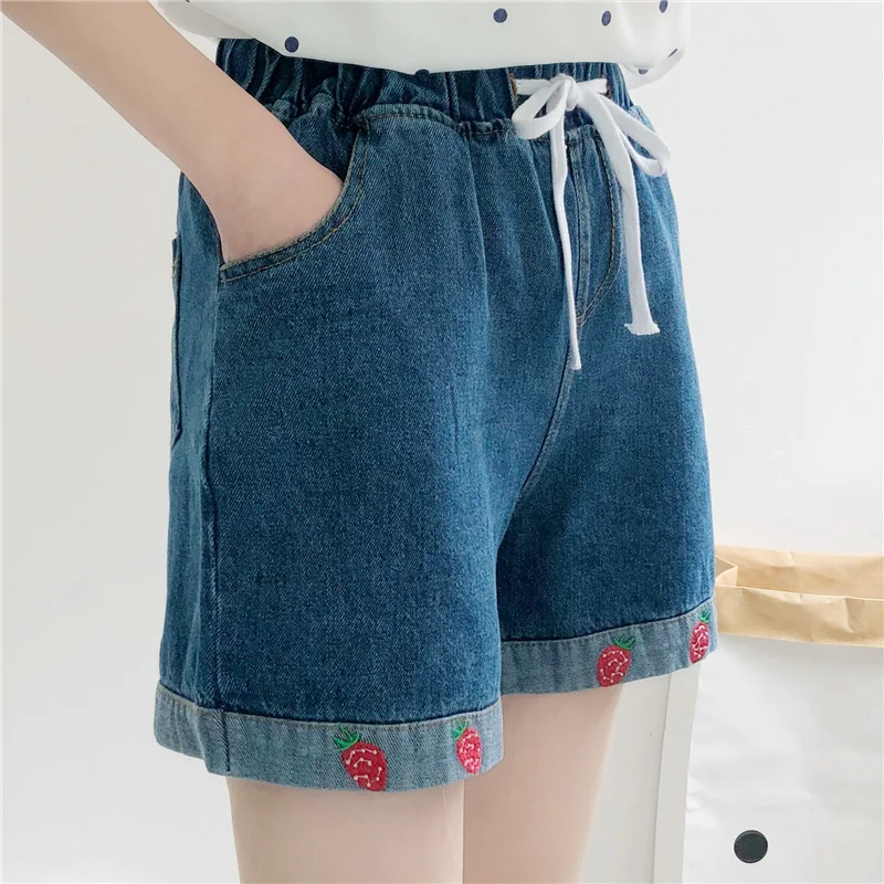 High Waisted Bottoms Summer Loose Kawaii Jeans Strawberry Embroidery Women Denim Shorts Girls 2021 Cute Casual Shorts Fashion