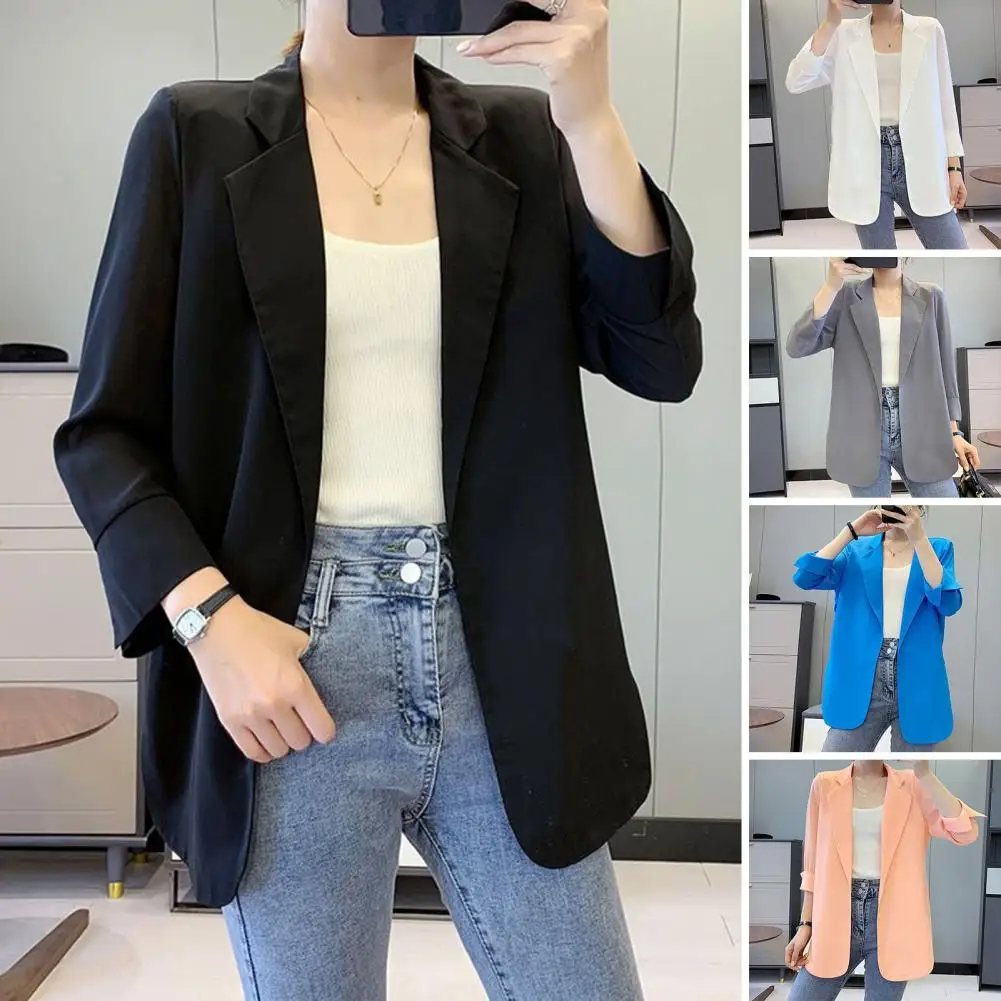 

Women Summer Blazer Jacket Solid Color Long Sleeves Lapel Notch Collar Mid Length Straight Casual Coat Female Outerwear Clothes