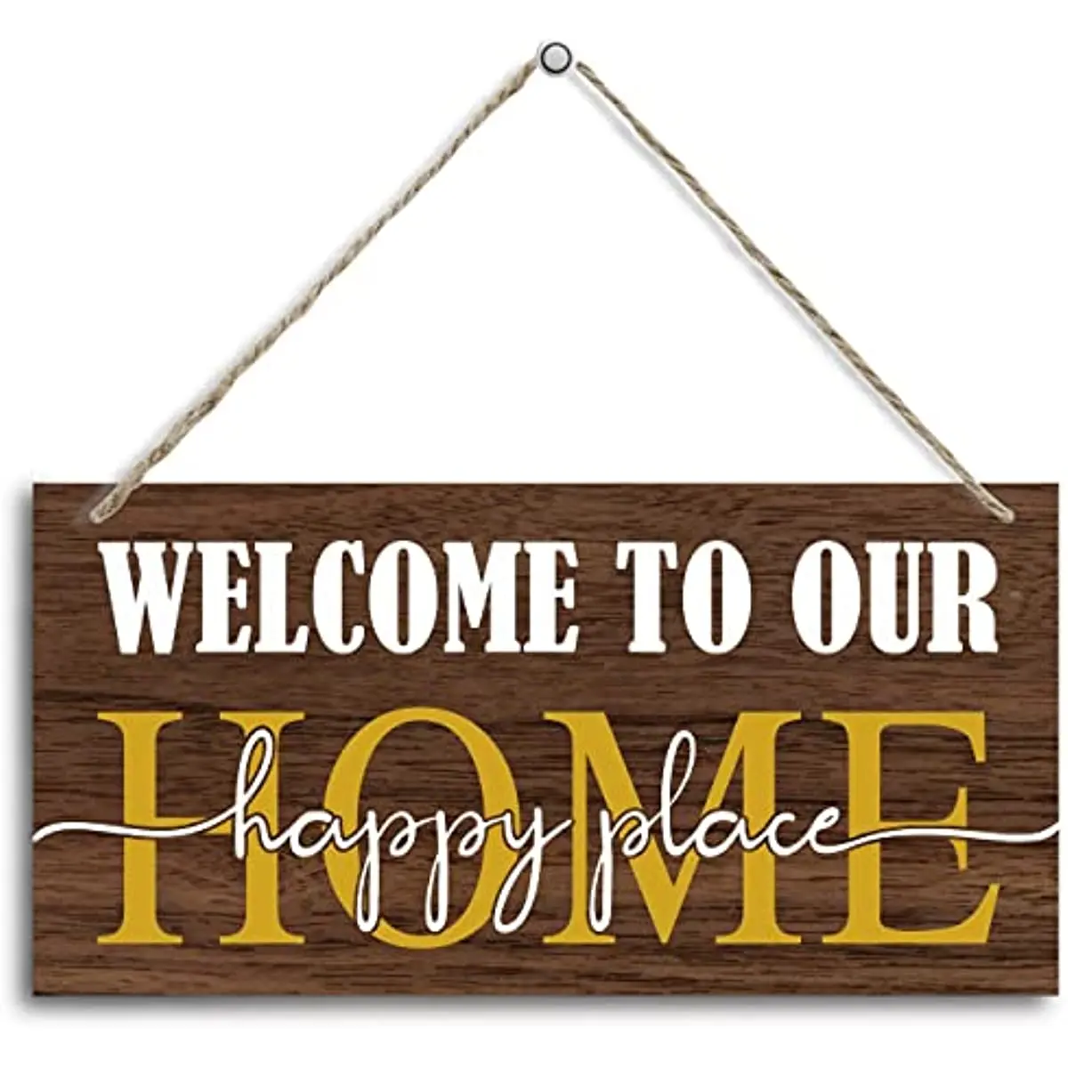 

Hanging Welcome to Our Happy Place Wood Decor Sign Home Decor Wood Sign Plaque 12" x 6" Hanging Wall Art Decorative Funny Sign