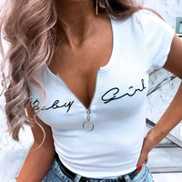 new summer woman embroidery zipper t shirt casual round neck short sleeve knit pullover tops slim office white black t shirts