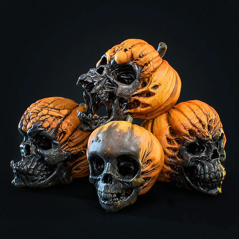 

2022 Helloween Pumpkin Skull Head Model Resin Statues Artificial Resin Skull Bone Crafts Horror Party Bar Home Desk Decorations