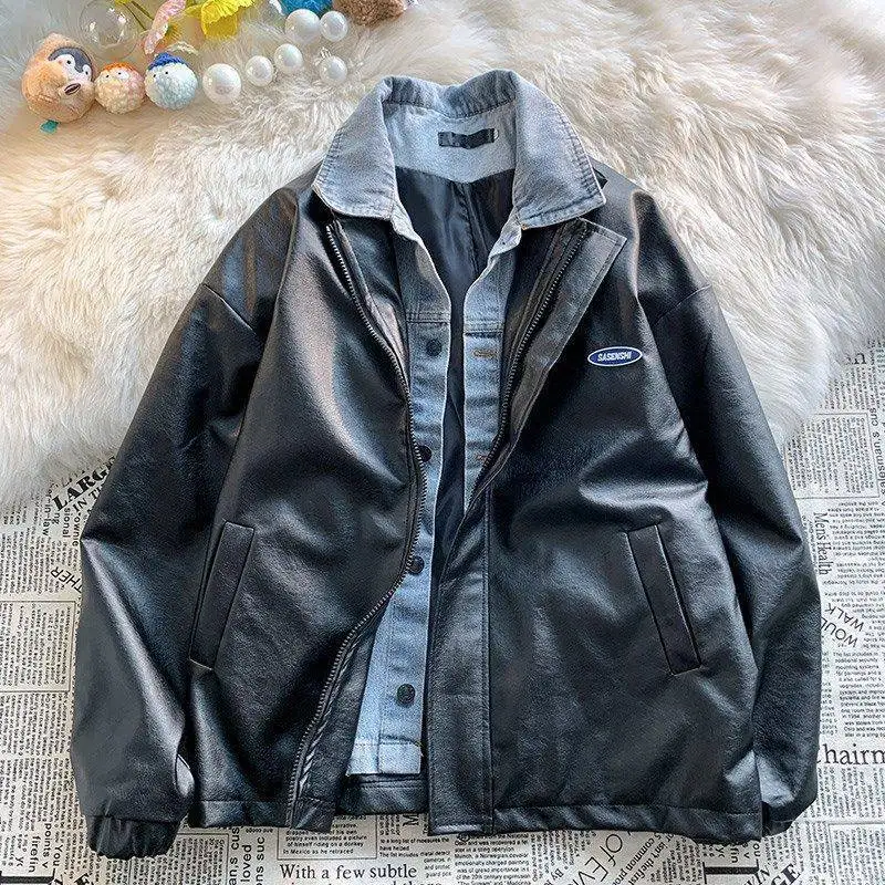 

Instagram Jeans Collar Splicing Fake Two PU Leather Jacket Fashion Brand PI Shuai All-match Men's Coat Spring 2022 New