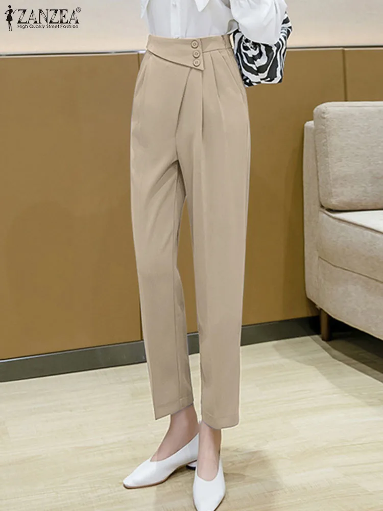 

ZANZEA Women Buttons Pleats Trouser 2023 High Waist Pants Fashion Asymmetrical Waist Cropped Pants Vintage Solid Suit Pantalon