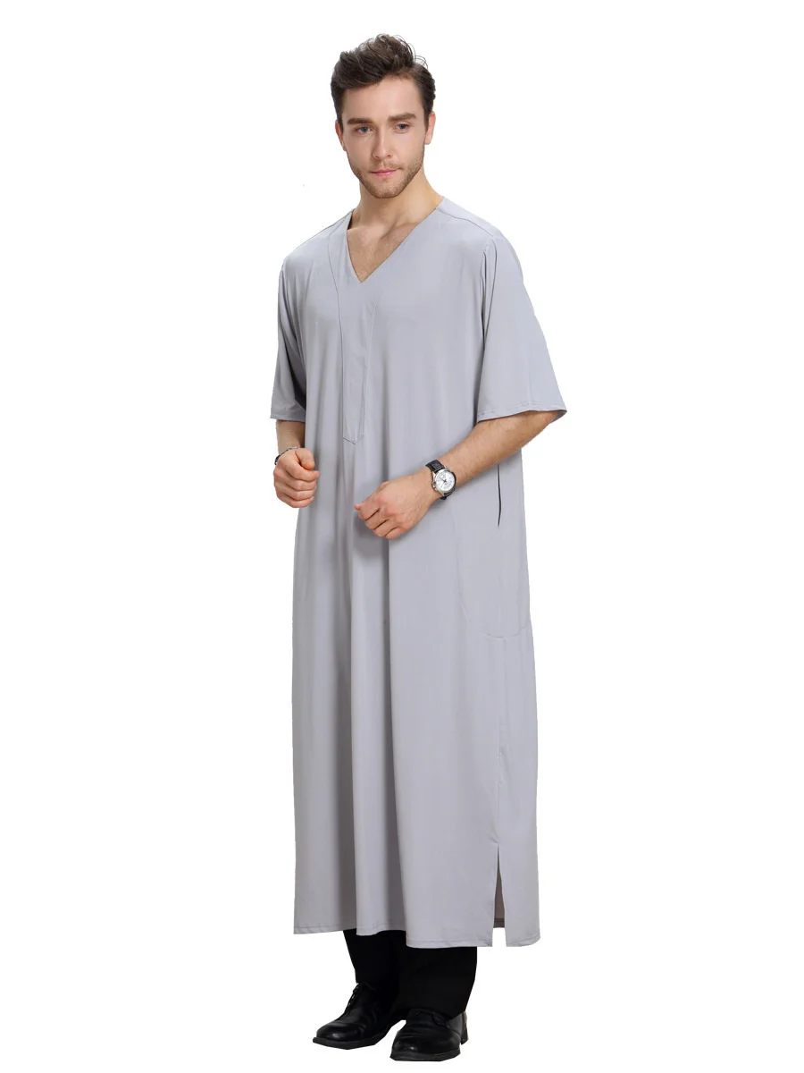 

Мужская абайя ислам ИД Мубарак Кафтан Дубай абайя Турция мусульманская мужская длинная молитвенная рубашка с V-образным вырезом Арабский кафтан КАМИС одежда