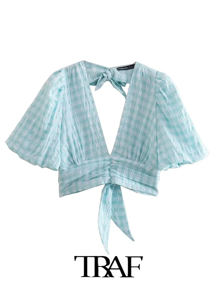 

Женский укороченный топ в клетку, с рукавами-фонариками и открытой спиной