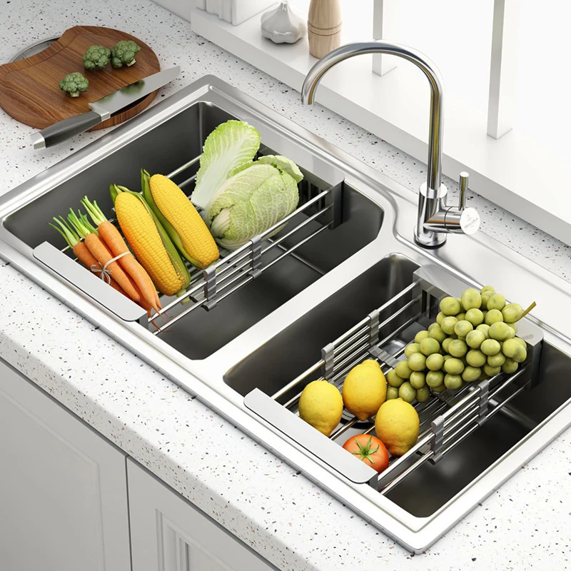 

Retractable Stainless Steel Drain Basket Multifunctional Kitchen Sink Drain Rack Home Dish Rack Vegetables Fruits Drying Rack