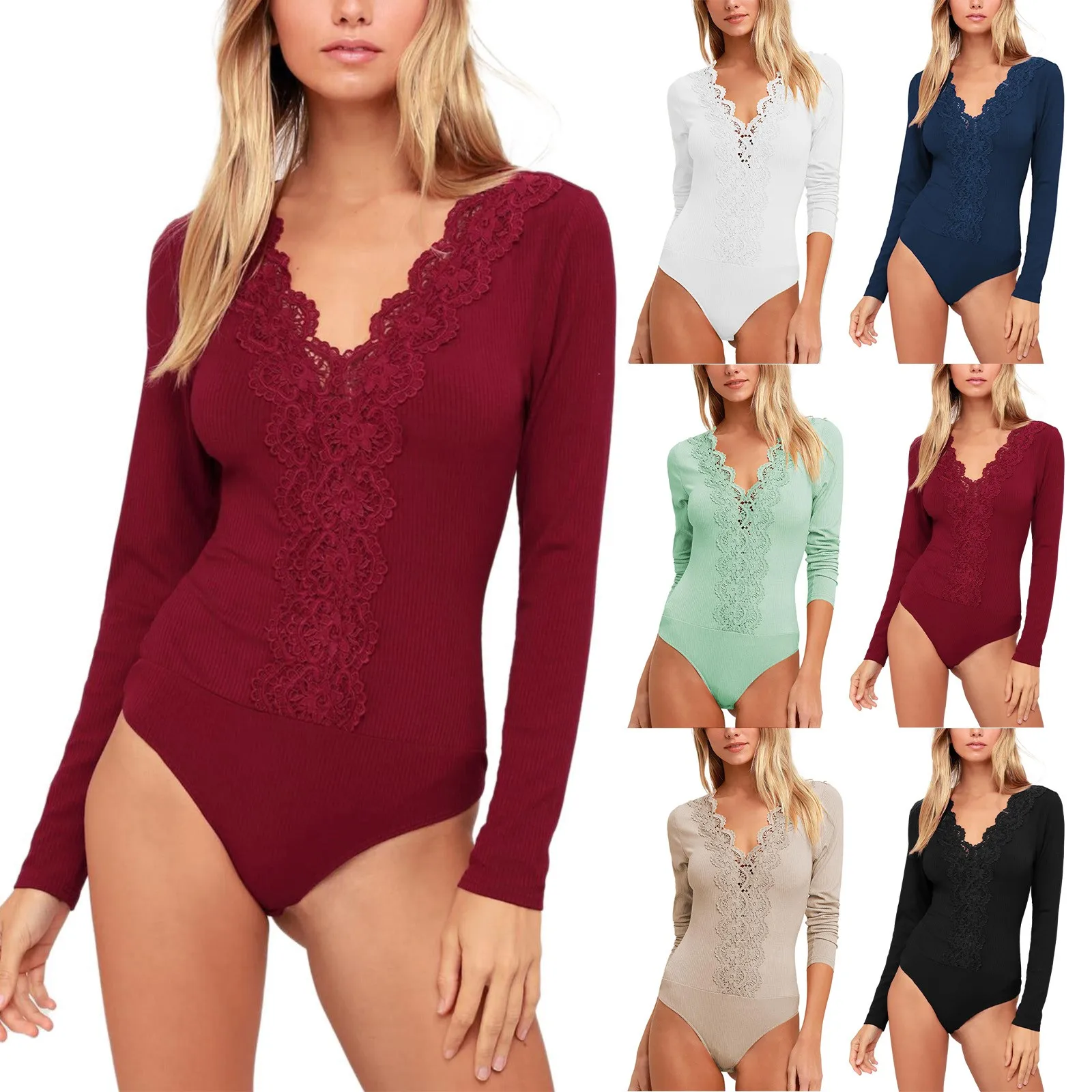 

Women's Sexy Fashion V Neck Lace Edge Striped Long Sleeved Thong Bottoming V Neck Jump Suit