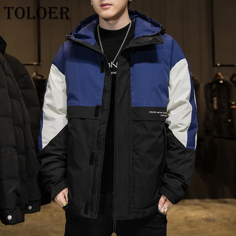 

Winter Warm Men Jacket Patchwork Hit Color Coat Casual Windproof Stand Collar Thick Hooded Parka Male Fashion Print Down Jackets