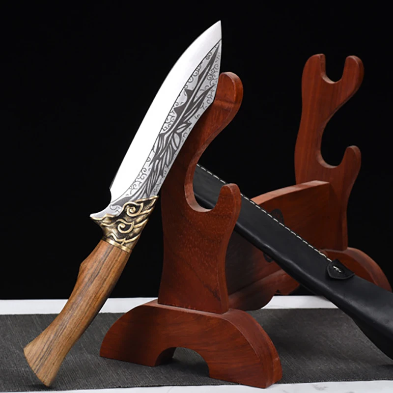 

Wood Chopper Knife Handmade Forged Sharp Chop Hunting Longquan Kitchen Hatchet Knife Meat Poultry Tools Copper Decor Wood Handle