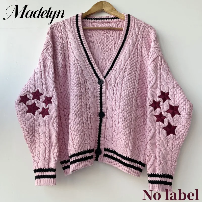 

Star Embroidered Pink Cardigan Women 2023 Autumn Winter Purple Knitted Sweaters Tay Warm Lor V-Neck American Vintage Cardigans