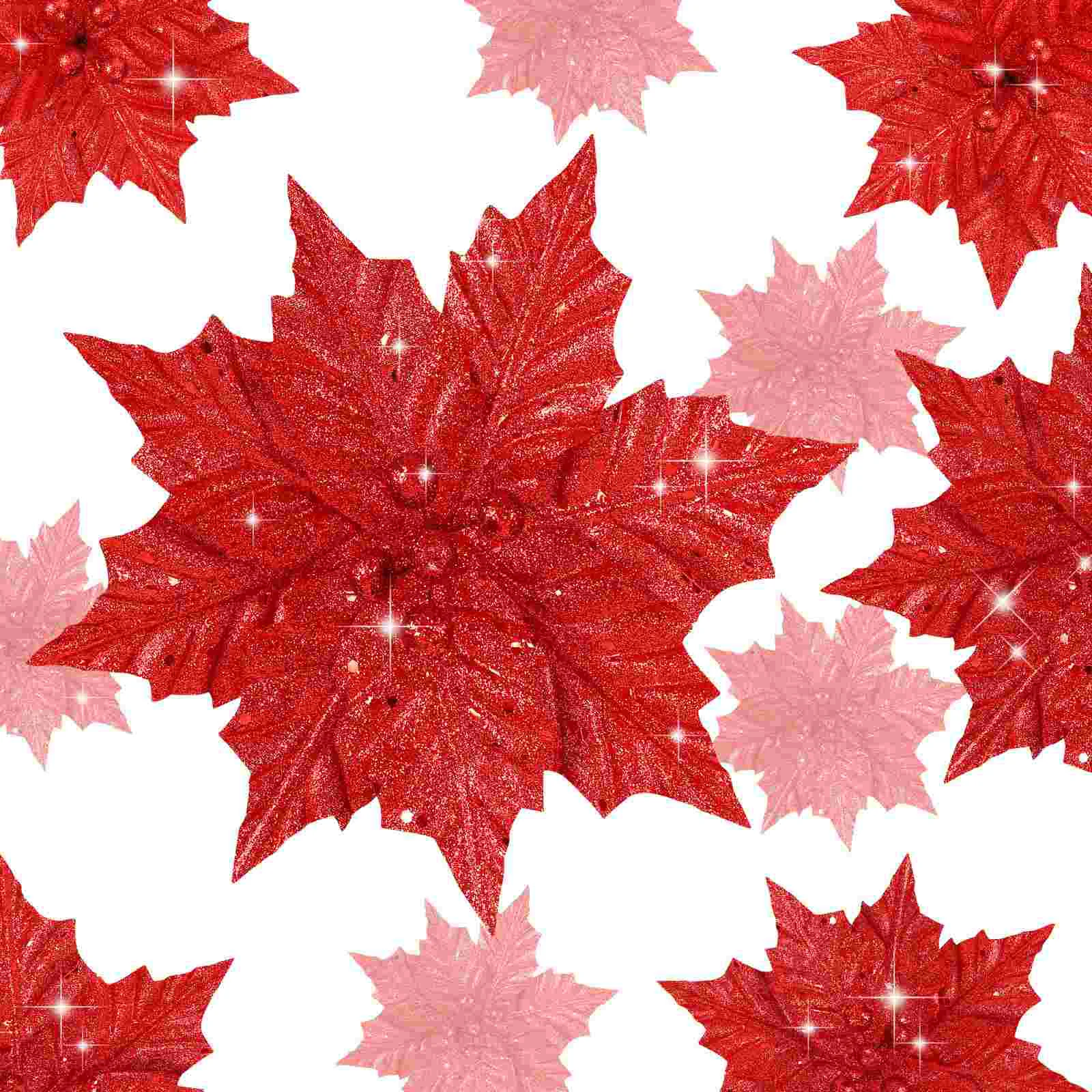 

Flowers Christmas Artificial Poinsettia Tree Flower Decorations Glitterfakewith Ornaments Decor Poinsettias Red Clips Stem
