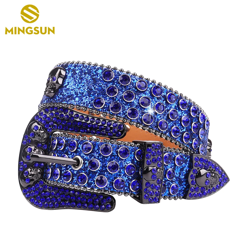 Shiny Blue Skull Head Diamond Belts Western Men Cowboy Rhinestone Studded Belt Jeans Leather Waist Belt Cinturones Para Hombre