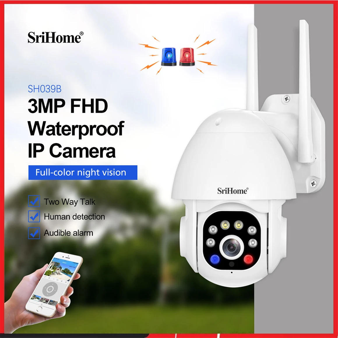 

Наружная водонепроницаемая IP-камера Srihome SH039 с Wi-Fi, МП, звуковая и светильник вая сигнализация, камера видеонаблюдения с s-образным светом, цв...