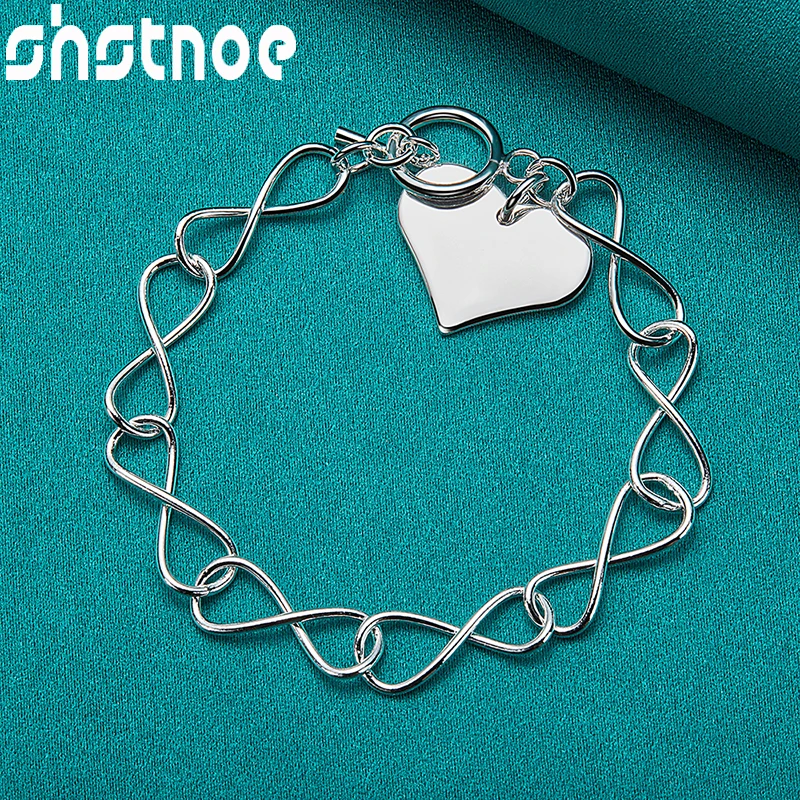 

SHSTONE 925 Sterling Silver 20cm Chain Love Heart Charm Bracelets For Women Jewelry Lady Wedding Birthday Party Accessories Gift
