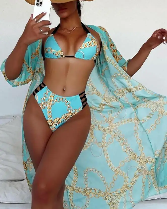 

Sexy 3PCS Lace-Up Bikini Set with Cover Up Sleeveless Triangle 2023 Summer Fashion Chain Print Vacation High Waist Swimwear