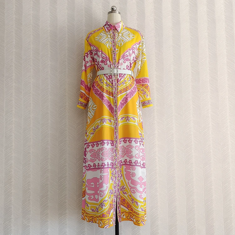 

Long Sleeve Yellow Flower Print Women Long Dress Turn-Down Neck Elegant Long Party Casual Dresses With Belt Sashes