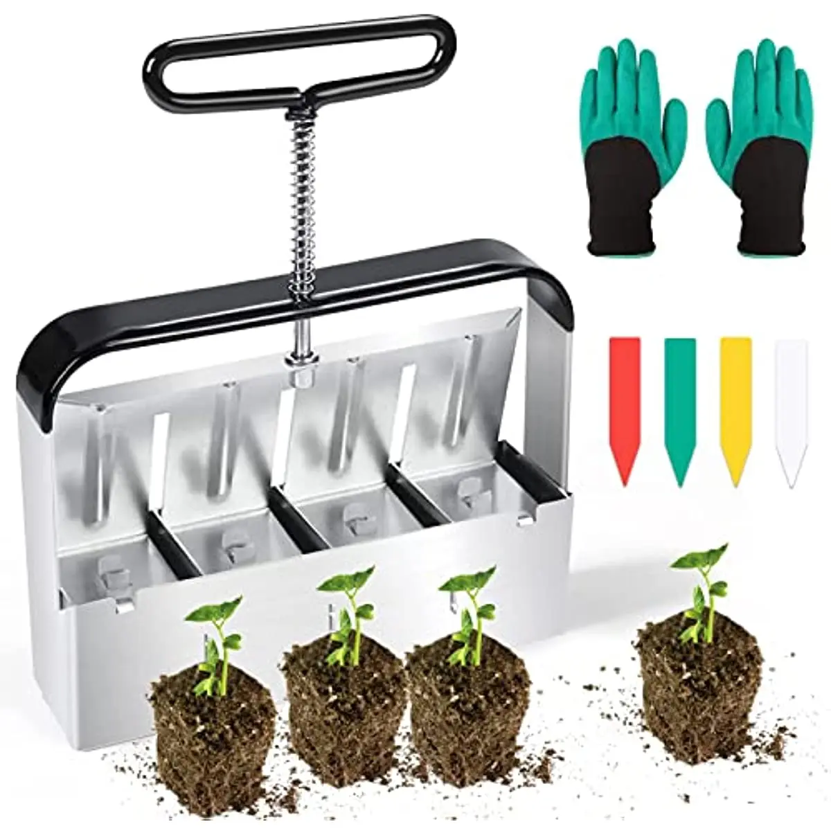 Soil Blocker Maker 4 Cell Quad Seed  2 Inch Mini Handle Garden Blocking Tool Set for Seedling Stater Tray with Gloves Labels