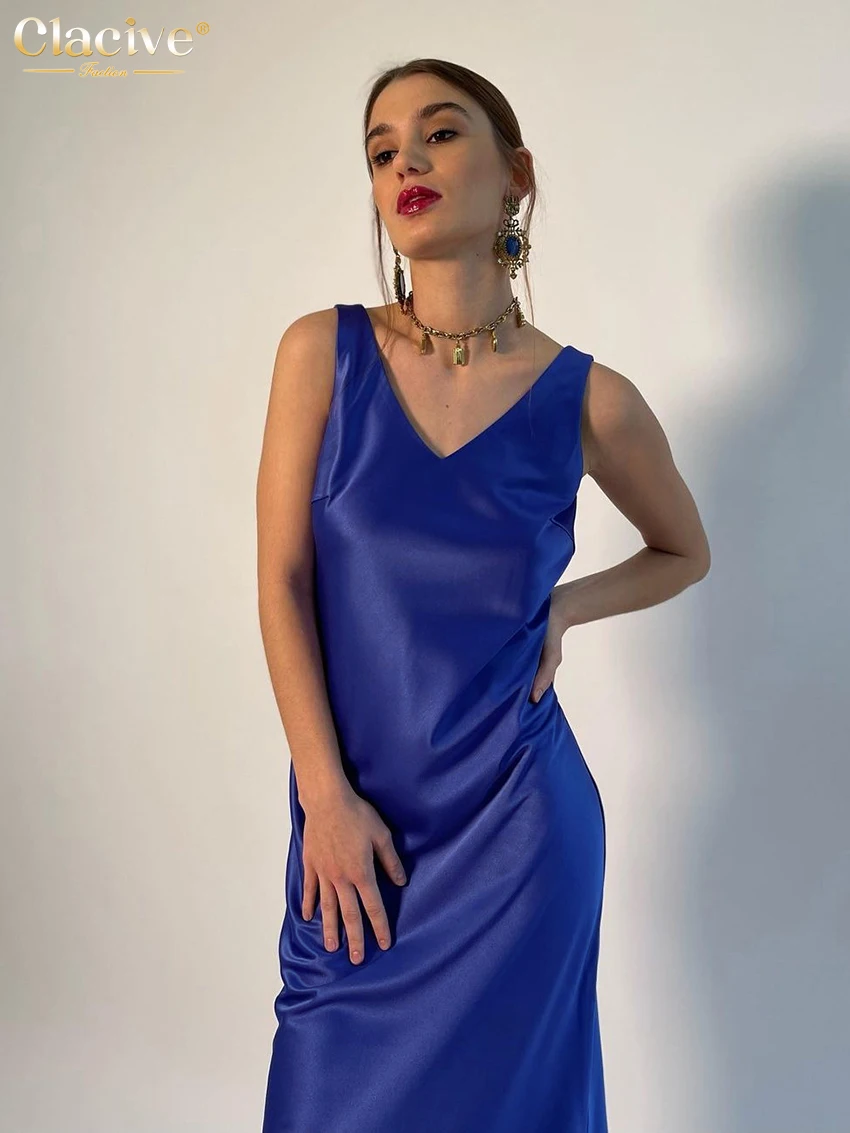 

Clacive Sexy V-Neck Blue Satin Women'S Dress 2022 Summer Bodycon Sleeveless Midi Dresses Elegant Slim Classic Female Dress