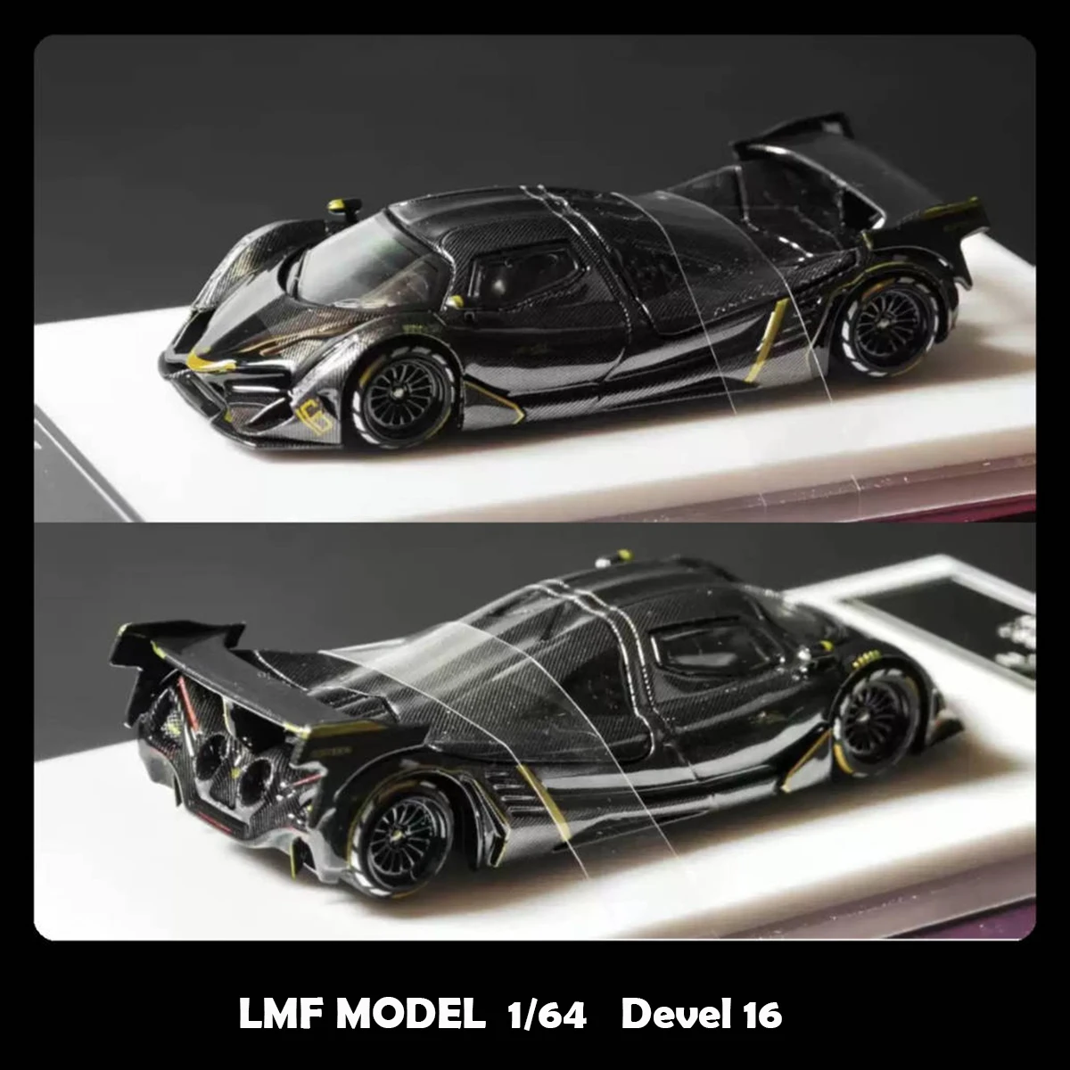 Фото Модель LMF 1:64 Devel 16 Hypercar, полностью карбоновая, с золотой и серебряной отделкой, два варианта цвета, литая модель автомобиля, в наличии №1