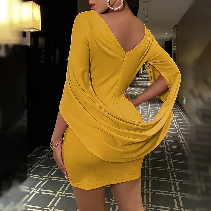 

Women Cloak Sleeve Dress Party Dress 2021 Runched Long Sleeve Slim Fit Club Bodycon Mini Dresses Party Wear Yellow Black Elegant