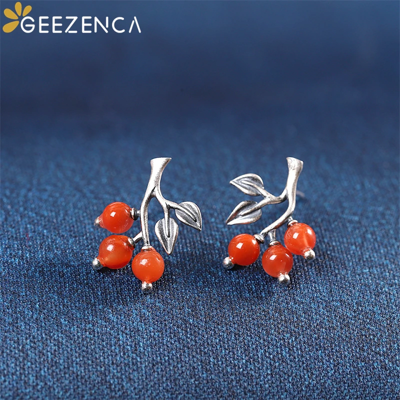 

GEEZENCA 925 Sterling Silver Thai Tree Branch Agate Fruit Stud Earrings For Women Cute Trendy Earring Fine Jewelry Party Gift