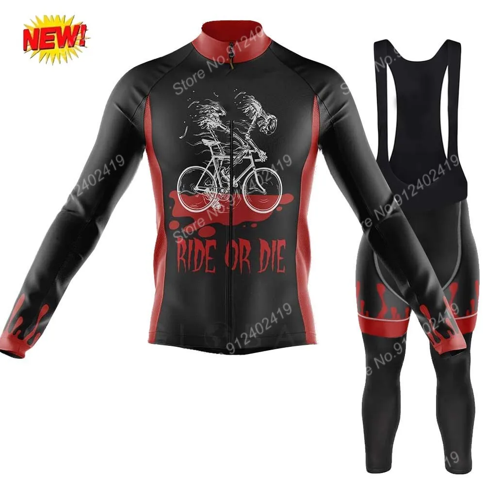 

Ride Or Die Men Cycling Skull Retro Cycling Jersey Set Summer Clothing Suit Long Sleeve MTB Bike Road Pants Bib Ropa Ciclismo