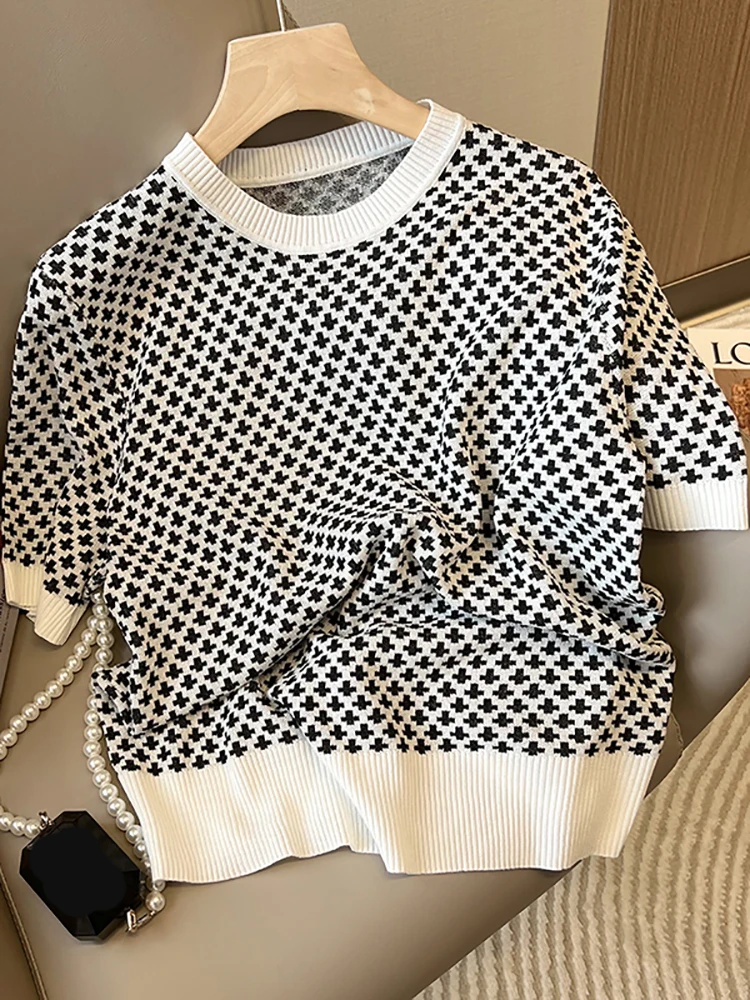 

Tops Women Embroidery Plaid Basic Casual Knitting Tshirts T Shirt Female O Neck Short Sleeve Loose Thin Summer Tee Shirt Female