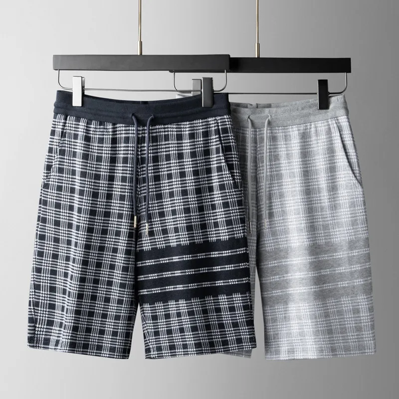 

TB THOM Men's Short Luxury Brand Quality Pants Thousand-bird Lattice 4-Bar Striped Sweatpants Fashion Casual Cotton Beach Shorts