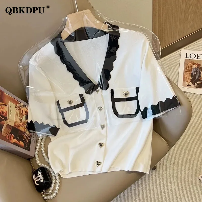 Elegant Short Sleeve Knitted Cardigan Women 2022 Summer Vintage Single Breasted Sweater Korean Fashion Knitwear Tops Black White