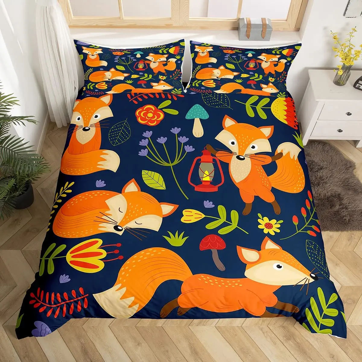 

Fox Animal King Queen Duvet Cover Cute Yellow Cartoon Wildlife Bedding Set for Kids Flowers Black 2/3pcs Polyester Quilt Cover