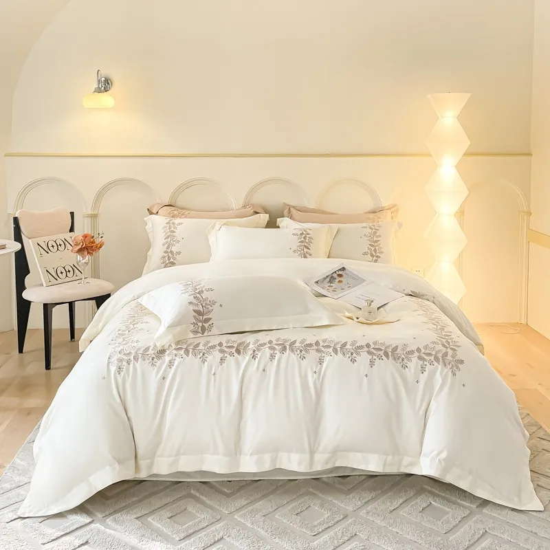 Комплект белого пододеяльника с цветочной вышивкой 4 шт. 100% хлопок мягкий