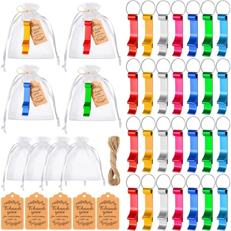 

50 Bottle Opener Keychain Colored Beer Bottle Opener with Organza Bag Keychain Label 20 meter Rope Bride Gift