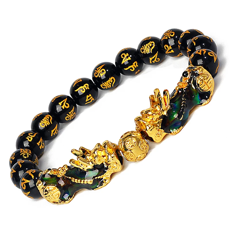 

Feng Shui Black Obsidian Wealth Bracelets Men Color Changed Pi Xiu Bracelets Women 10mm Dragon Mantra Bead Bangle Lucky Jewelry