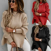 2022 winter new womens half turtleneck solid color hand side slit knitted sweater