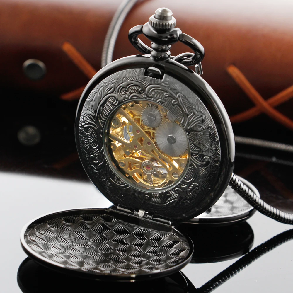 Double Sided Opening Black Steampunk Roman Mechanical Pocket Watch Retro Gentleman Analog Signal Clock Lady Jewelry Gift