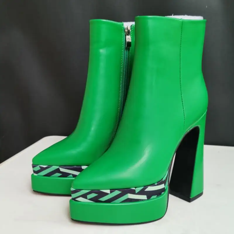 

Printing Women's Ankle Boots 2023 Autumn Winter New Thick High Heel Platform Pointed Toe Party Shoes Green Rose Big Size Fashion