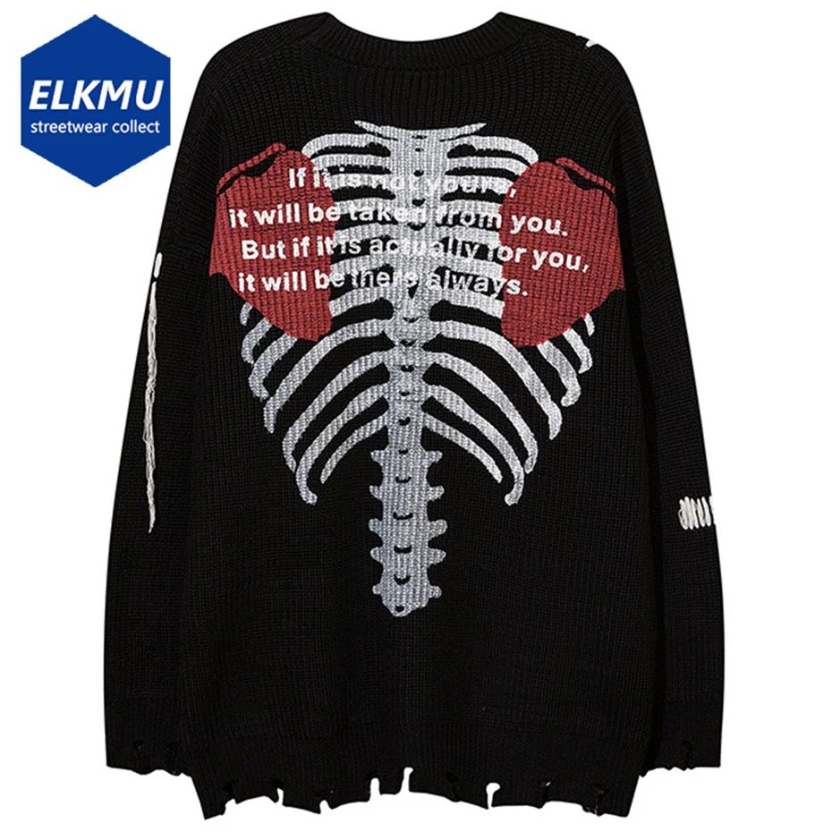 

Skeleton Graphic Punk Sweater Distressed Oversized Harajuku Streetwear Hip Hop Sweaters Y2K Knitted Pullover Jumpers Black Gray