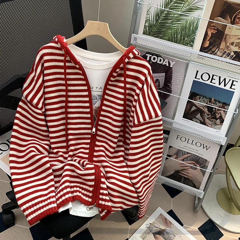 

Женский вязаный кардиган в полоску, Свитер оверсайз с длинным рукавом, на молнии, Осень-зима 2022