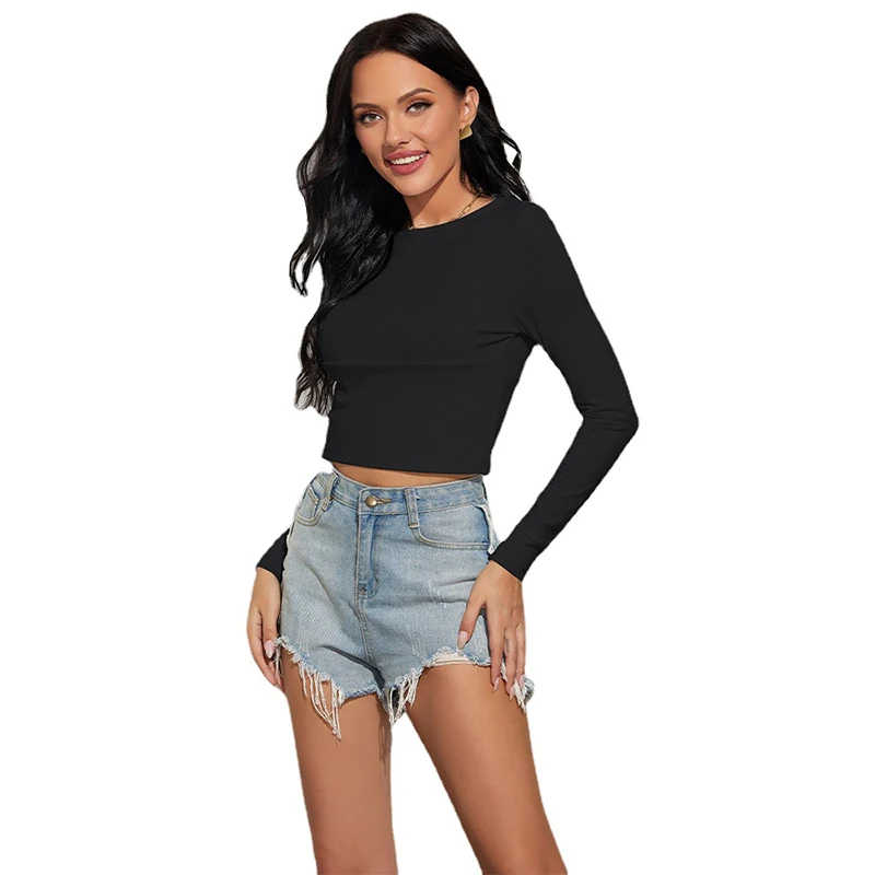 

CYDNEE Sexy Short Cropped Long-sleeved Round Neck T-shirt Women Sweet Autumn New Slim Body Shirt Women's Basic Models Show Chest
