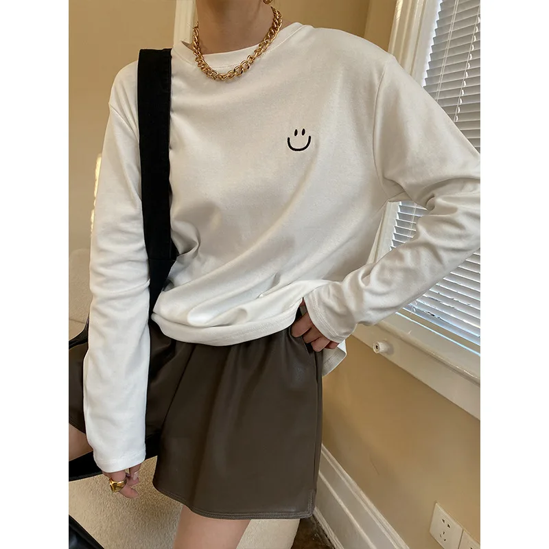 

Comfortable brushed smiley face embroidery big T-shirt long-sleeved bottoming shirt 2023 early spring new