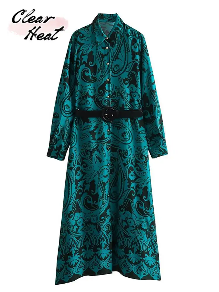 

Женское однобортное платье-рубашка с поясом, длинным рукавом и поясом