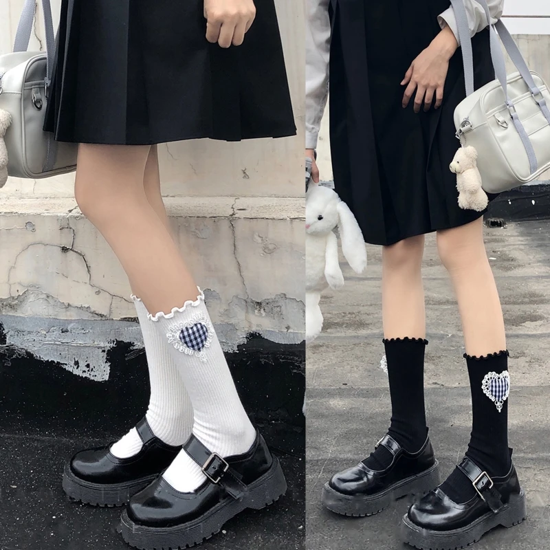 Women Lolita Cotton Ribbed Calf Socks Sweet Ruffle Trim 3D Plaid Heart Hosiery