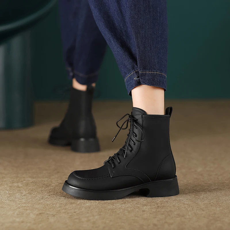 

Women Ankle Boots Genuine Leather Cross-Tied Thick Heels Autumn Winter Shoes Woman Punk Fashion Cool Motorcycle Boots